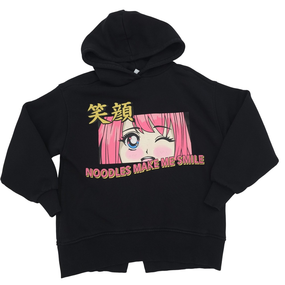 Zara Black Hoodie Anime Noodles Make Me Smile Graphic Sweatshirt Kids Size 9